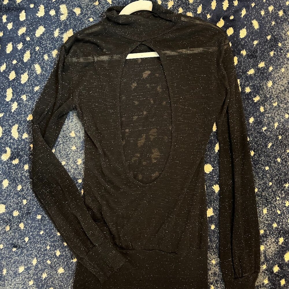 Sheer, shimmer mocked neck with open back